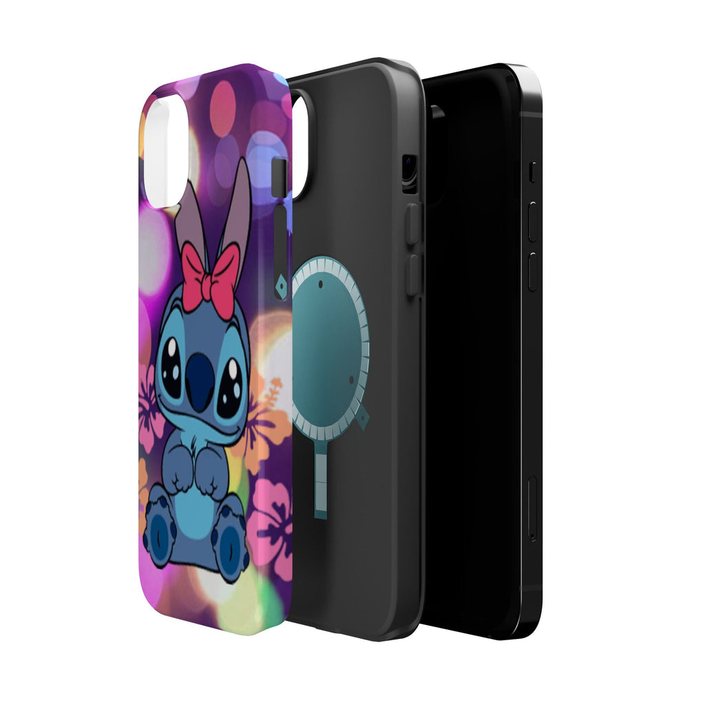 Cute Cartoon Stitch Phone Case - Magnetic Impact-Resistant Cover with Bow & Floral Bokeh Design