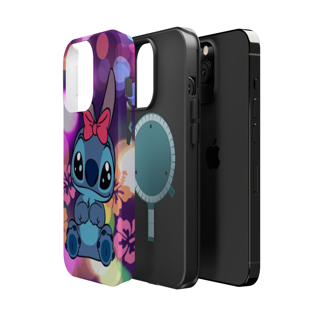 Cute Cartoon Stitch Phone Case - Magnetic Impact-Resistant Cover with Bow & Floral Bokeh Design