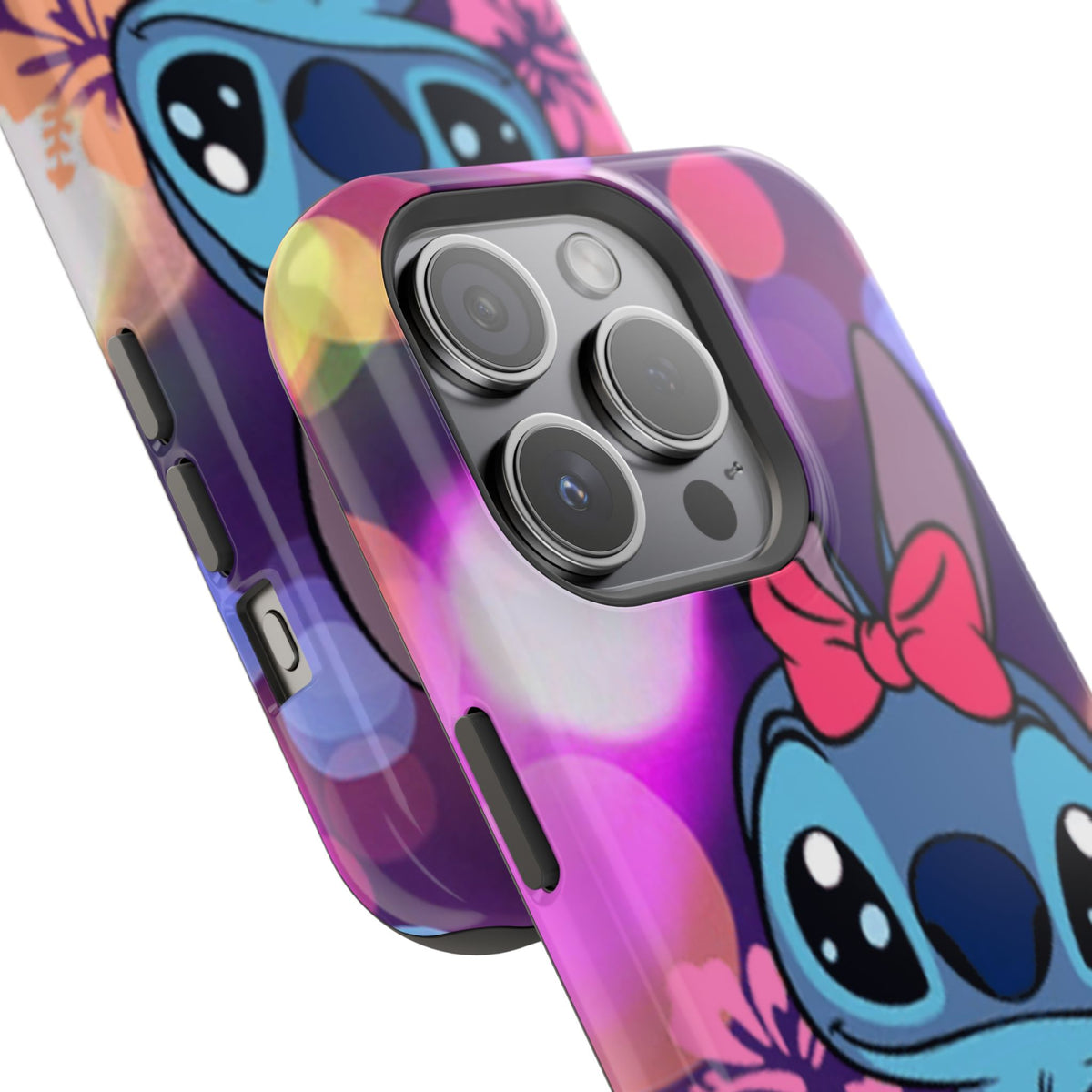 Cute Cartoon Stitch Phone Case - Magnetic Impact-Resistant Cover with Bow & Floral Bokeh Design