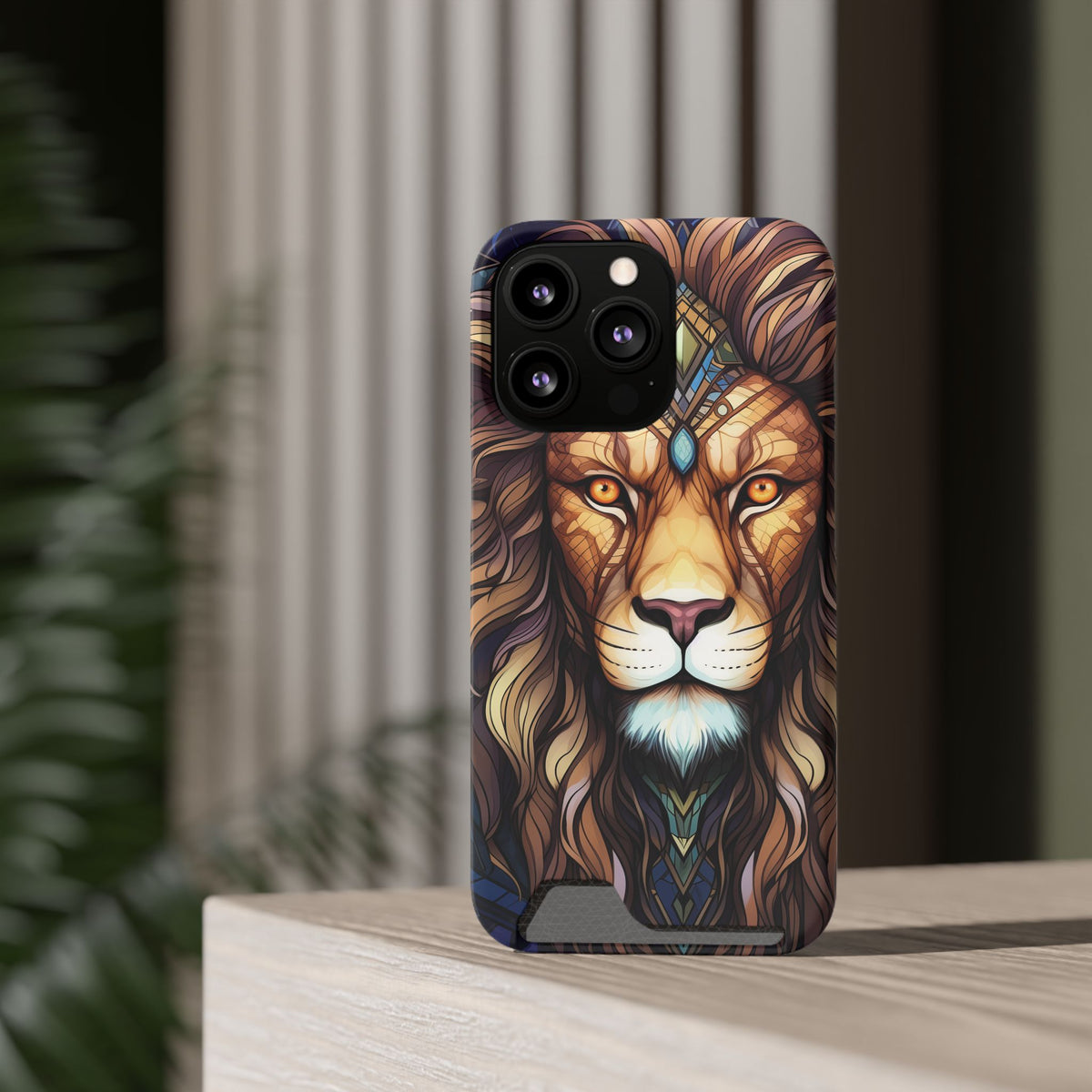 Lion Mandala Phone Case with Card Holder — Protective Wallet Cover