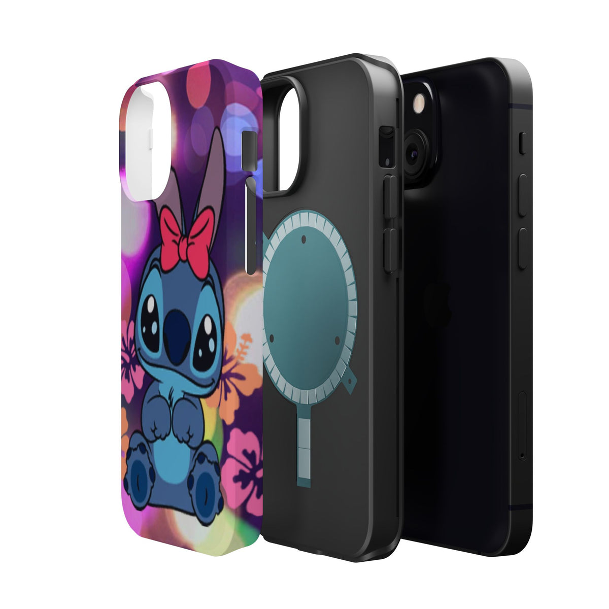 Cute Cartoon Stitch Phone Case - Magnetic Impact-Resistant Cover with Bow & Floral Bokeh Design