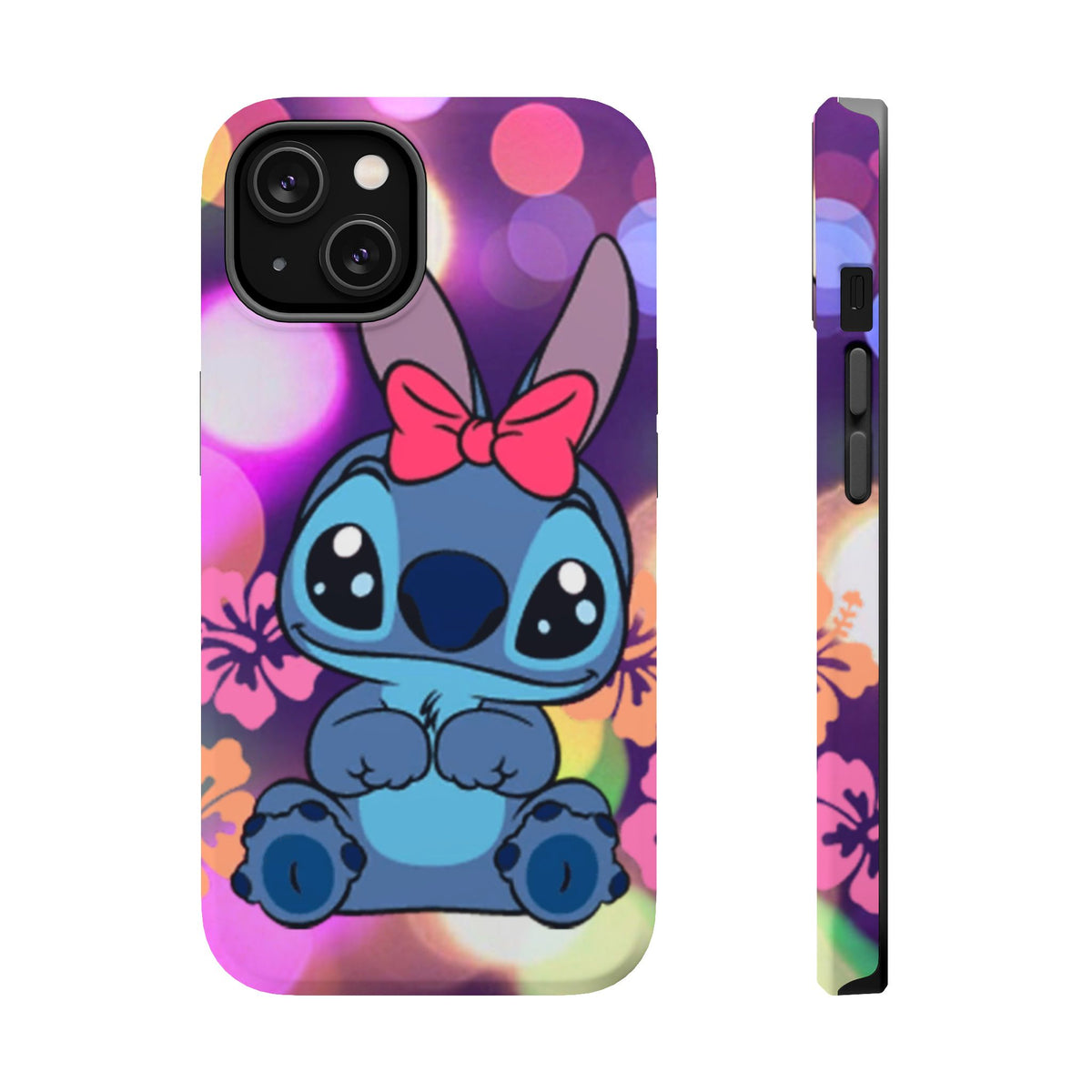 Cute Cartoon Stitch Phone Case - Magnetic Impact-Resistant Cover with Bow & Floral Bokeh Design