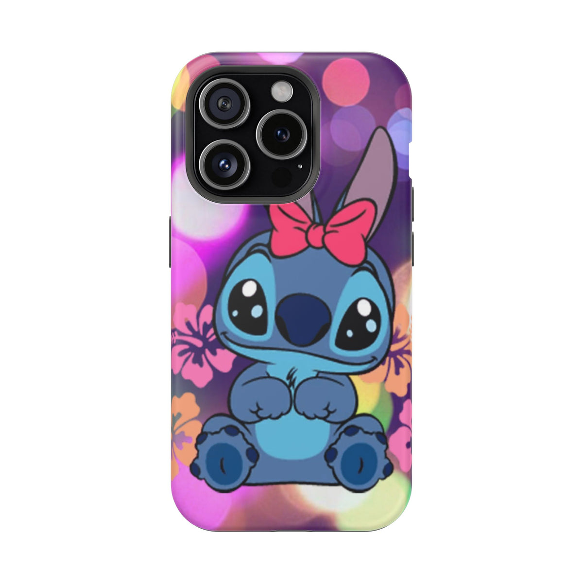 Cute Cartoon Stitch Phone Case - Magnetic Impact-Resistant Cover with Bow & Floral Bokeh Design