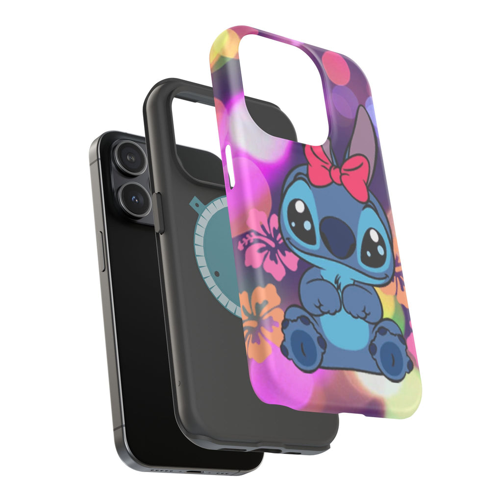 Cute Cartoon Stitch Phone Case - Magnetic Impact-Resistant Cover with Bow & Floral Bokeh Design