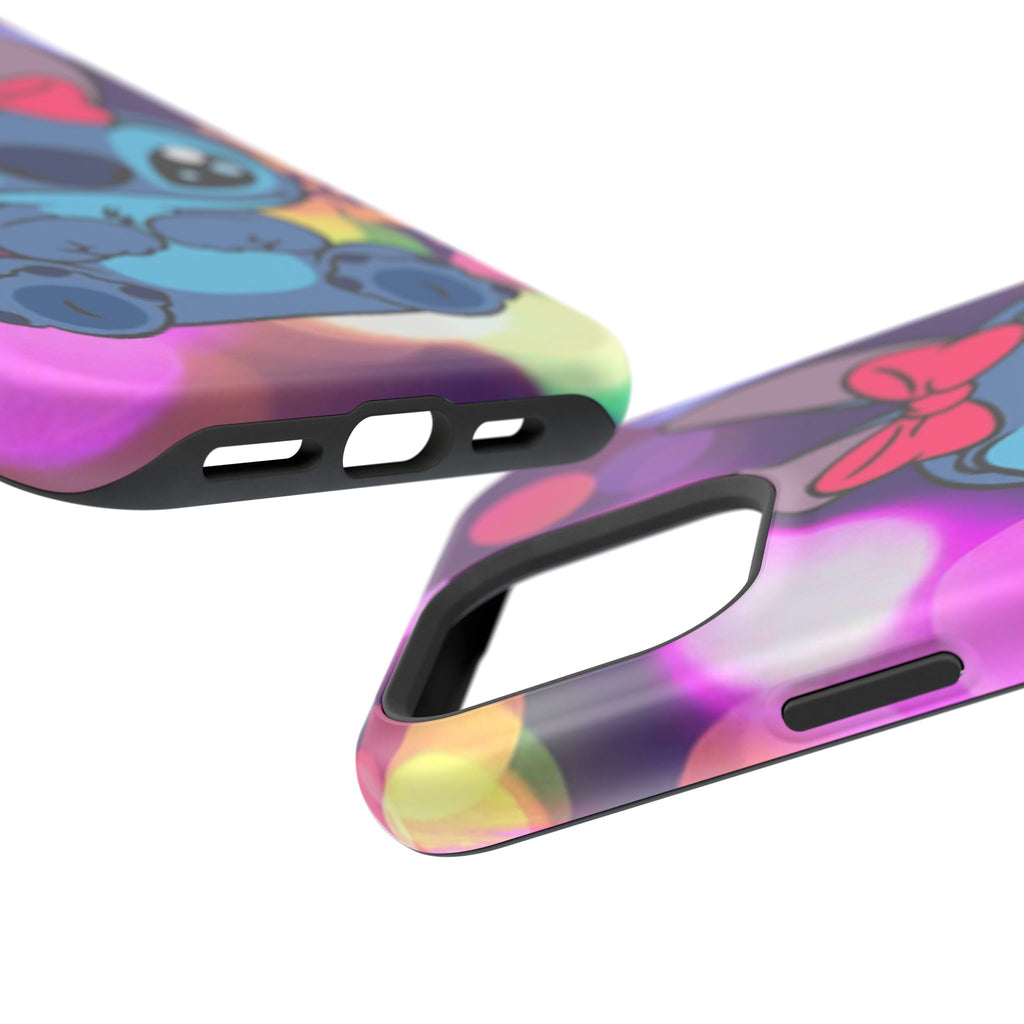 Cute Cartoon Stitch Phone Case - Magnetic Impact-Resistant Cover with Bow & Floral Bokeh Design
