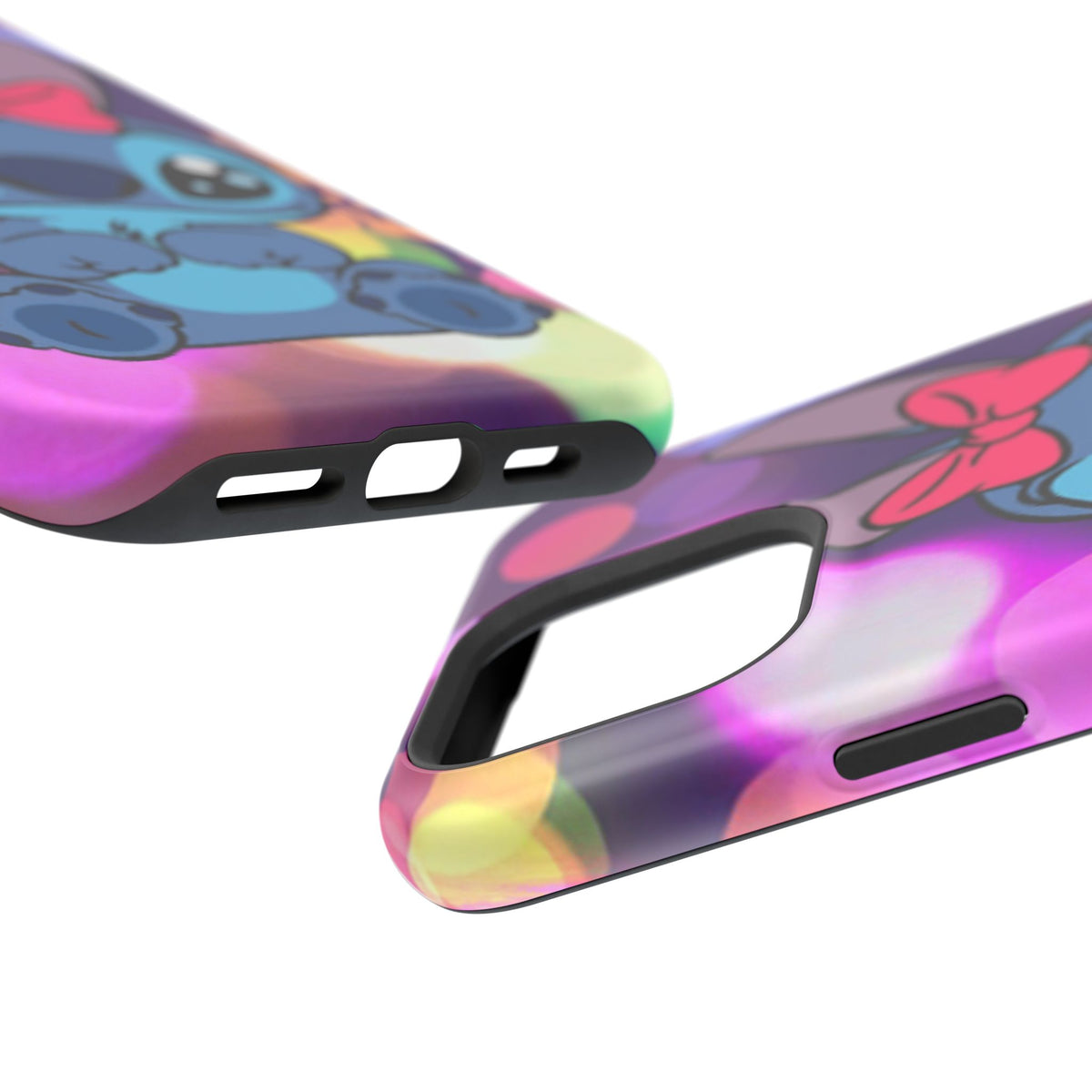 Cute Cartoon Stitch Phone Case - Magnetic Impact-Resistant Cover with Bow & Floral Bokeh Design