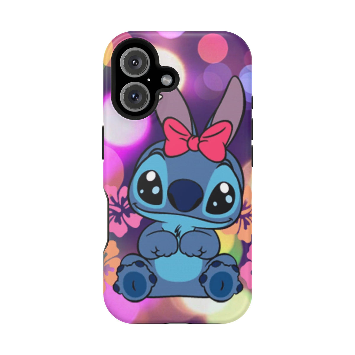 Cute Cartoon Stitch Phone Case - Magnetic Impact-Resistant Cover with Bow & Floral Bokeh Design