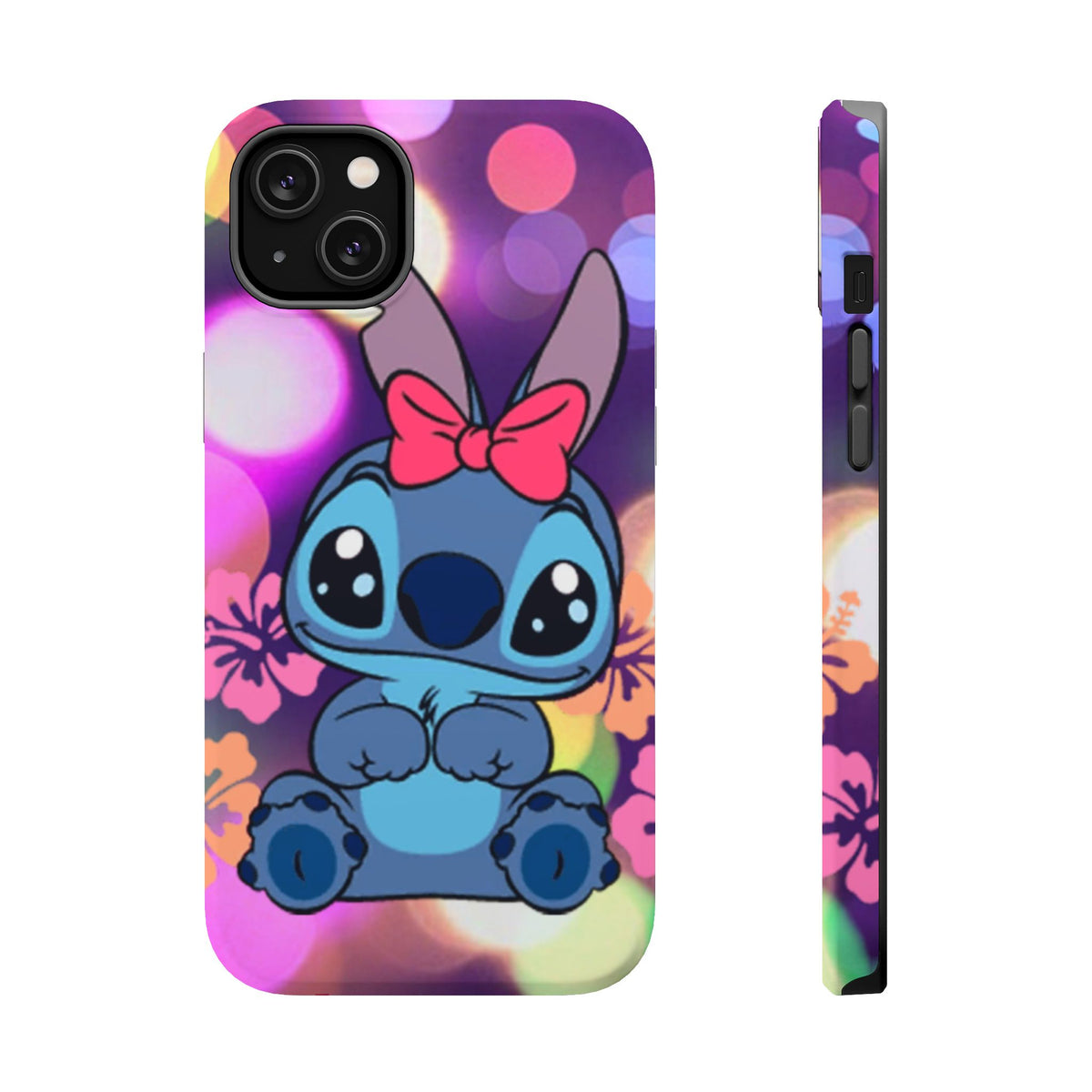 Cute Cartoon Stitch Phone Case - Magnetic Impact-Resistant Cover with Bow & Floral Bokeh Design