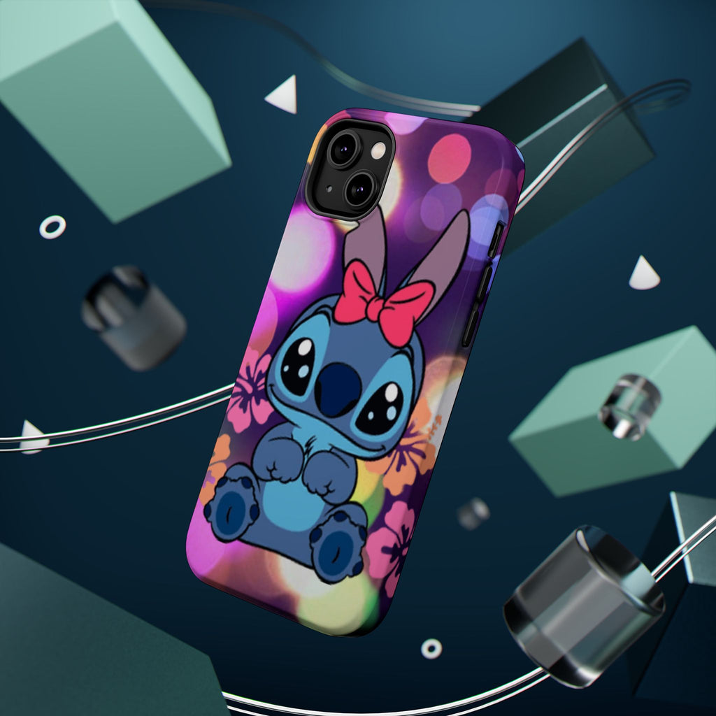 Cute Cartoon Stitch Phone Case - Magnetic Impact-Resistant Cover with Bow & Floral Bokeh Design