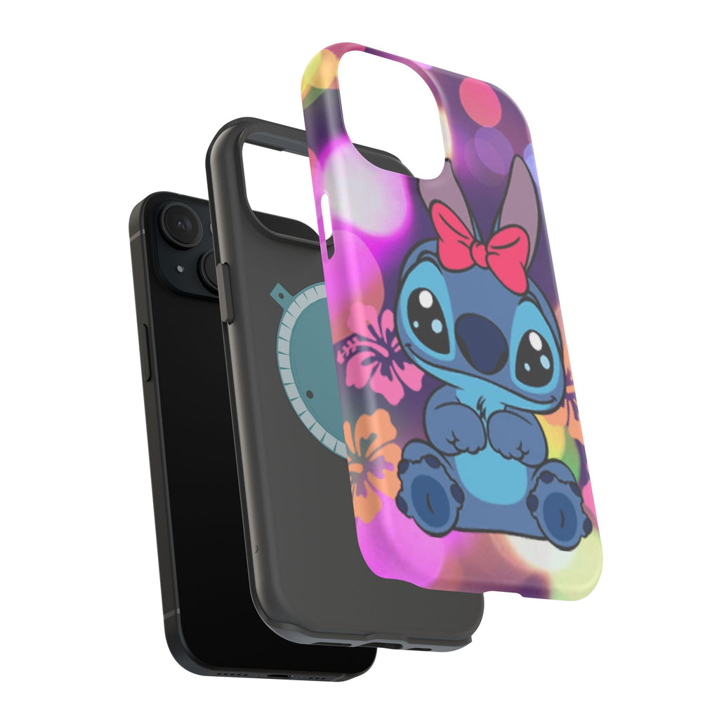Cute Cartoon Stitch Phone Case - Magnetic Impact-Resistant Cover with Bow & Floral Bokeh Design