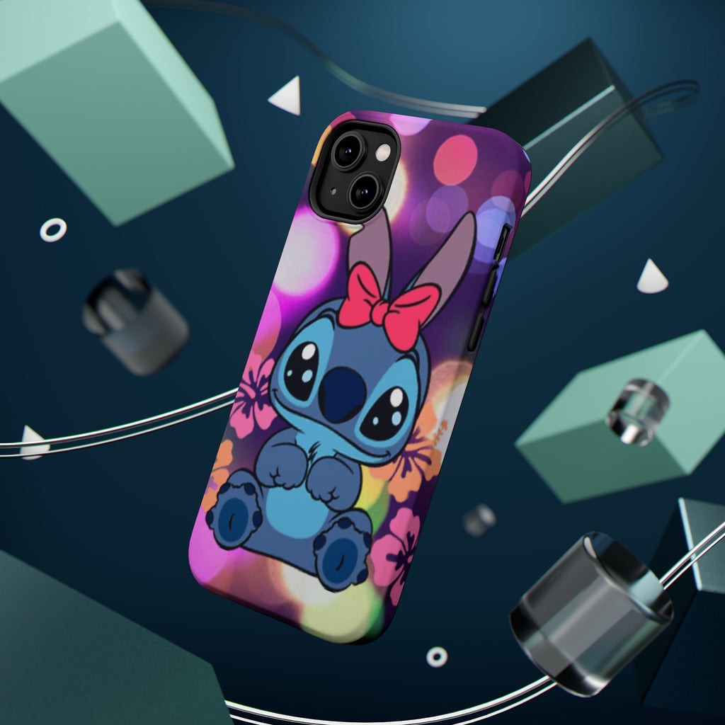 Cute Cartoon Stitch Phone Case - Magnetic Impact-Resistant Cover with Bow & Floral Bokeh Design