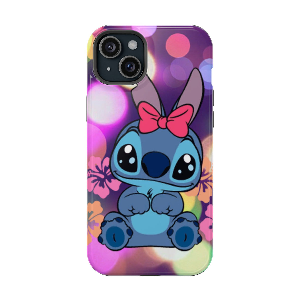 Cute Cartoon Stitch Phone Case - Magnetic Impact-Resistant Cover with Bow & Floral Bokeh Design