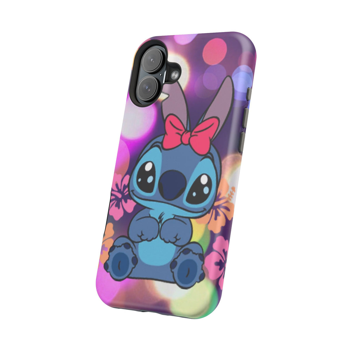 Cute Cartoon Stitch Phone Case - Magnetic Impact-Resistant Cover with Bow & Floral Bokeh Design