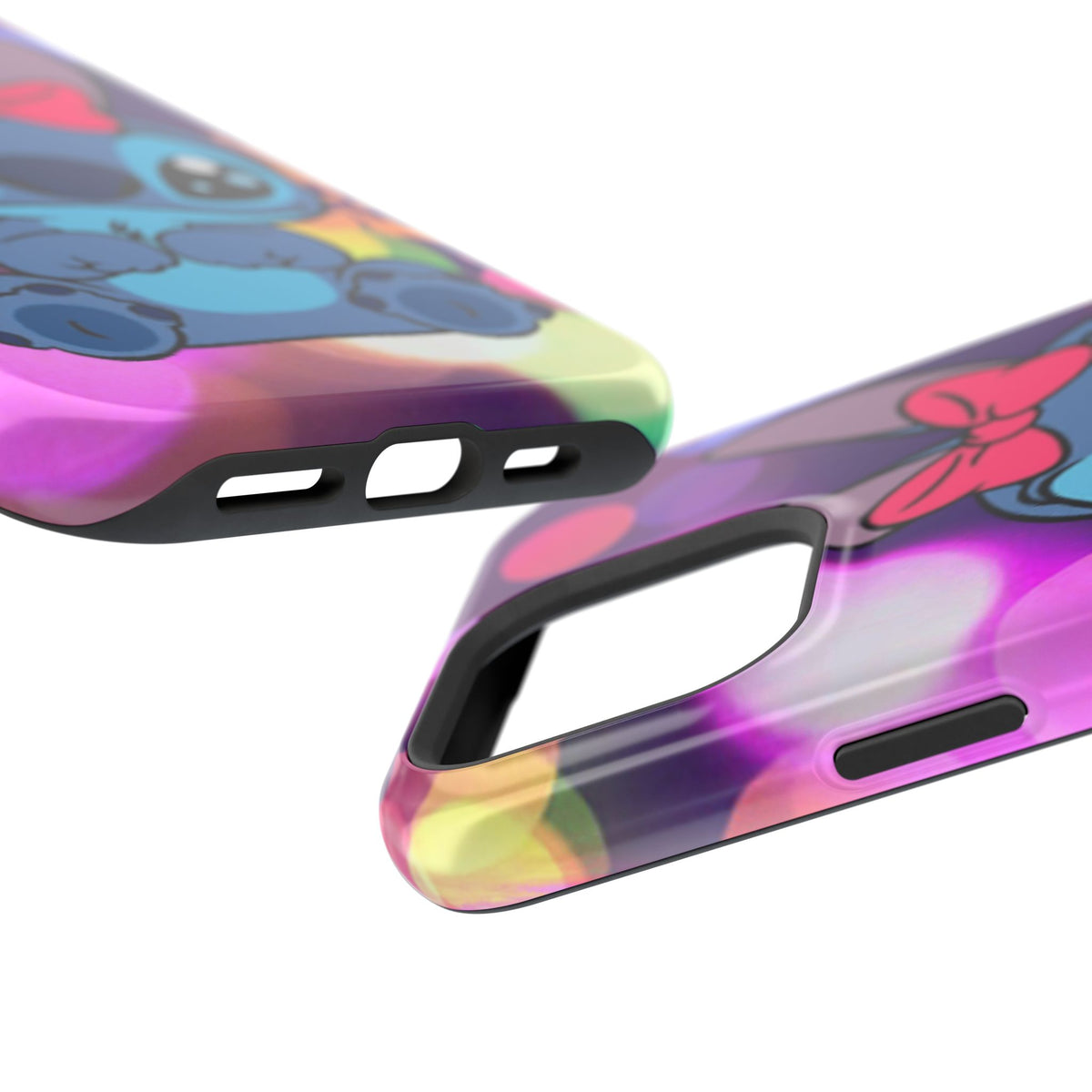Cute Cartoon Stitch Phone Case - Magnetic Impact-Resistant Cover with Bow & Floral Bokeh Design