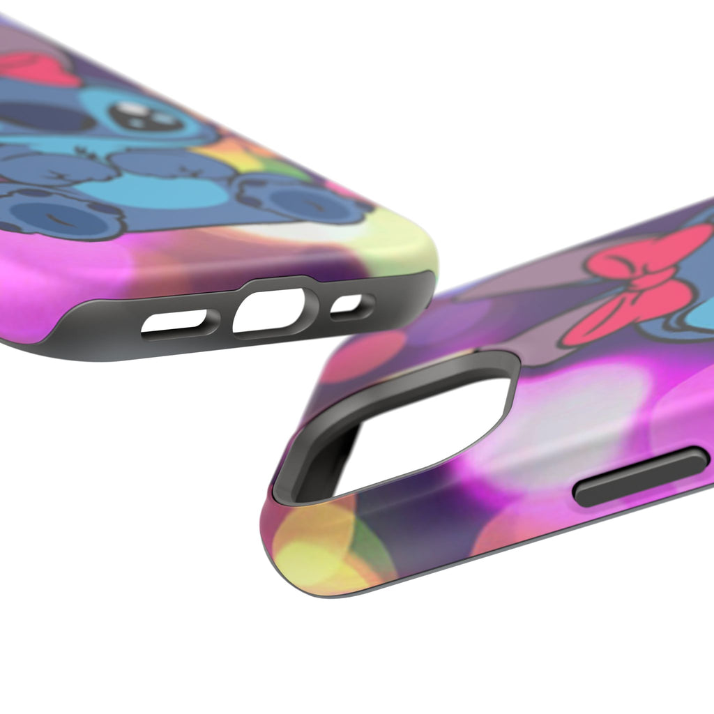 Cute Cartoon Stitch Phone Case - Magnetic Impact-Resistant Cover with Bow & Floral Bokeh Design
