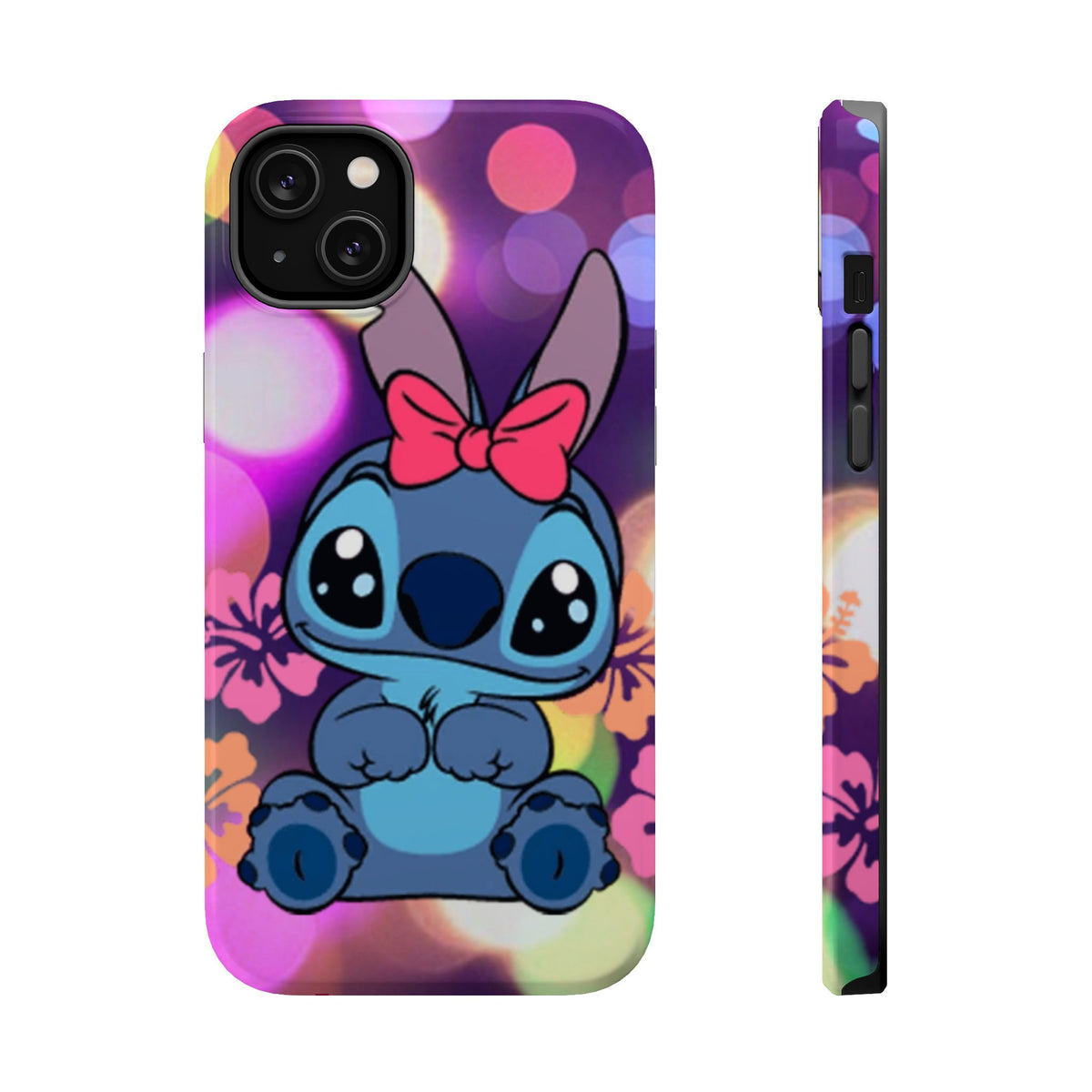 Cute Cartoon Stitch Phone Case - Magnetic Impact-Resistant Cover with Bow & Floral Bokeh Design