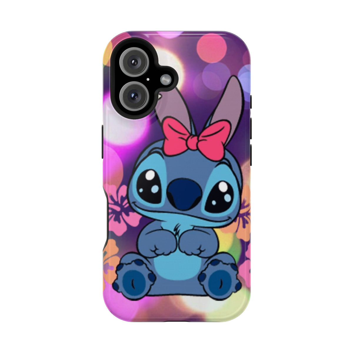Cute Cartoon Stitch Phone Case - Magnetic Impact-Resistant Cover with Bow & Floral Bokeh Design