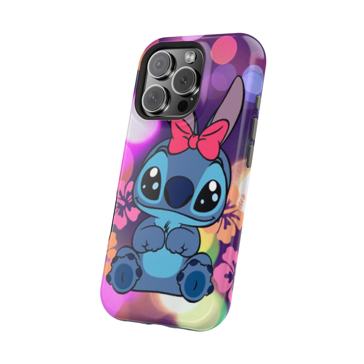 Cute Cartoon Stitch Phone Case - Magnetic Impact-Resistant Cover with Bow & Floral Bokeh Design