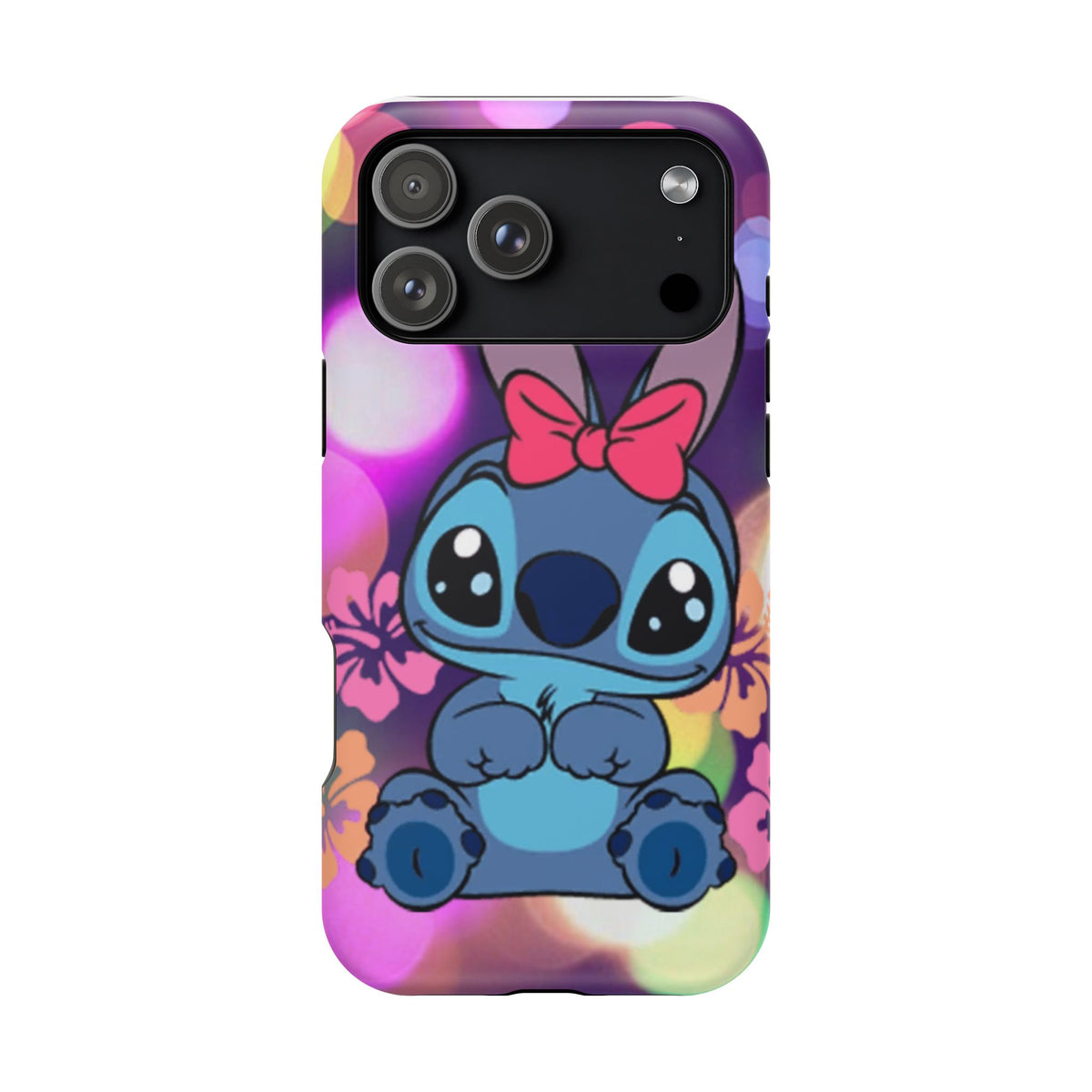 Cute Cartoon Stitch Phone Case - Magnetic Impact-Resistant Cover with Bow & Floral Bokeh Design