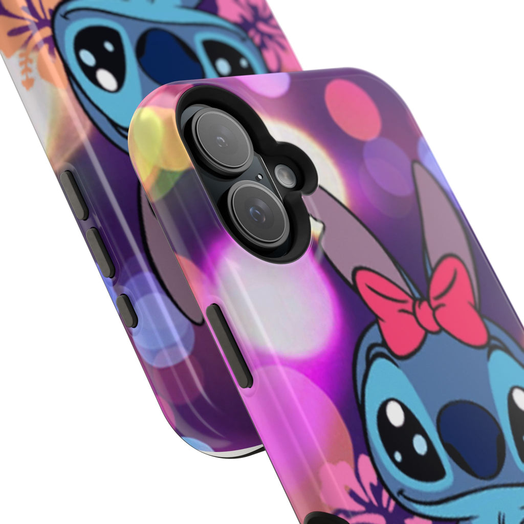Cute Cartoon Stitch Phone Case - Magnetic Impact-Resistant Cover with Bow & Floral Bokeh Design