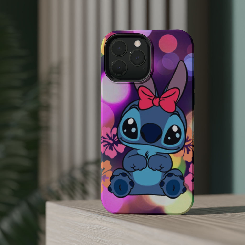 Cute Cartoon Stitch Phone Case - Magnetic Impact-Resistant Cover with Bow & Floral Bokeh Design