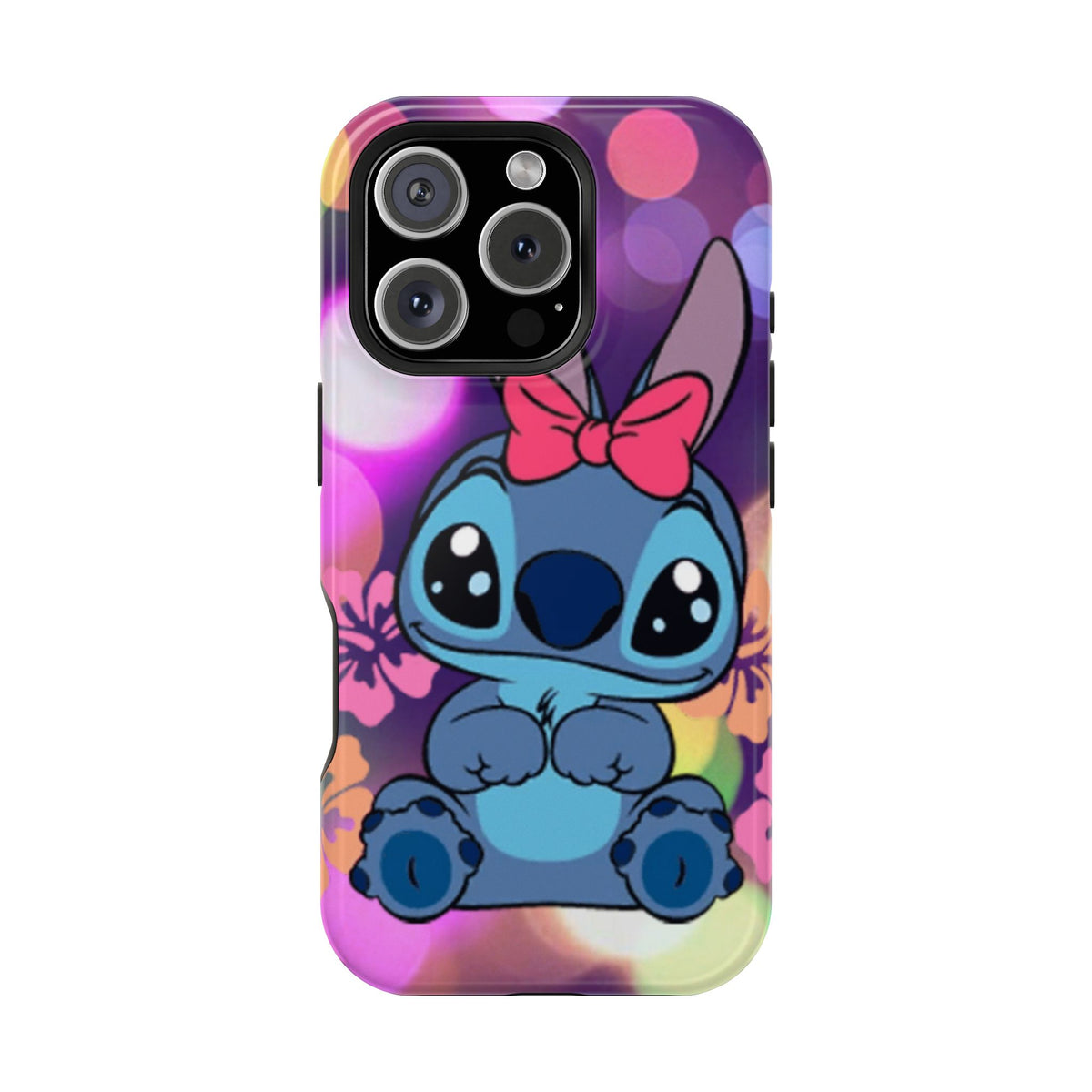 Cute Cartoon Stitch Phone Case - Magnetic Impact-Resistant Cover with Bow & Floral Bokeh Design