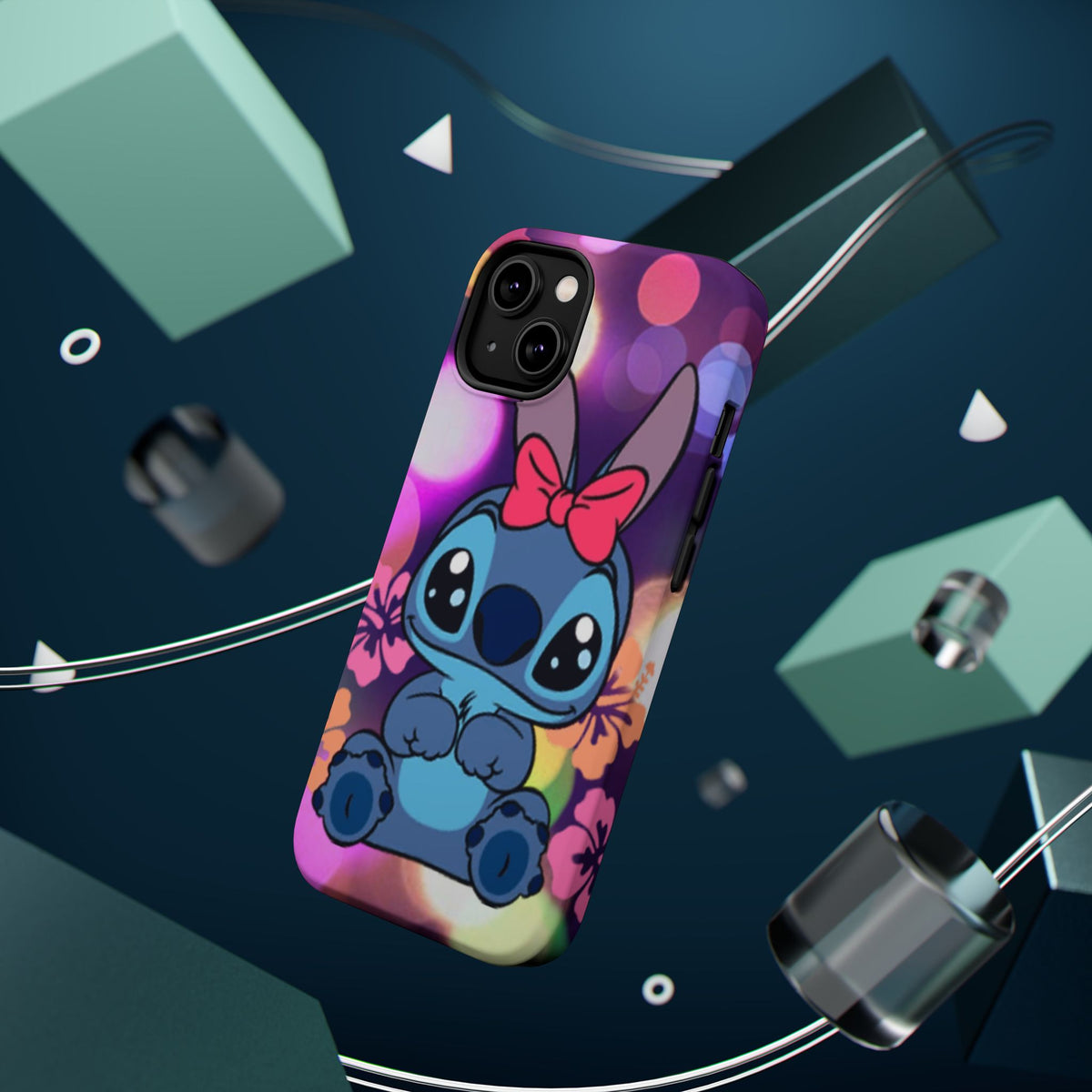 Cute Cartoon Stitch Phone Case - Magnetic Impact-Resistant Cover with Bow & Floral Bokeh Design