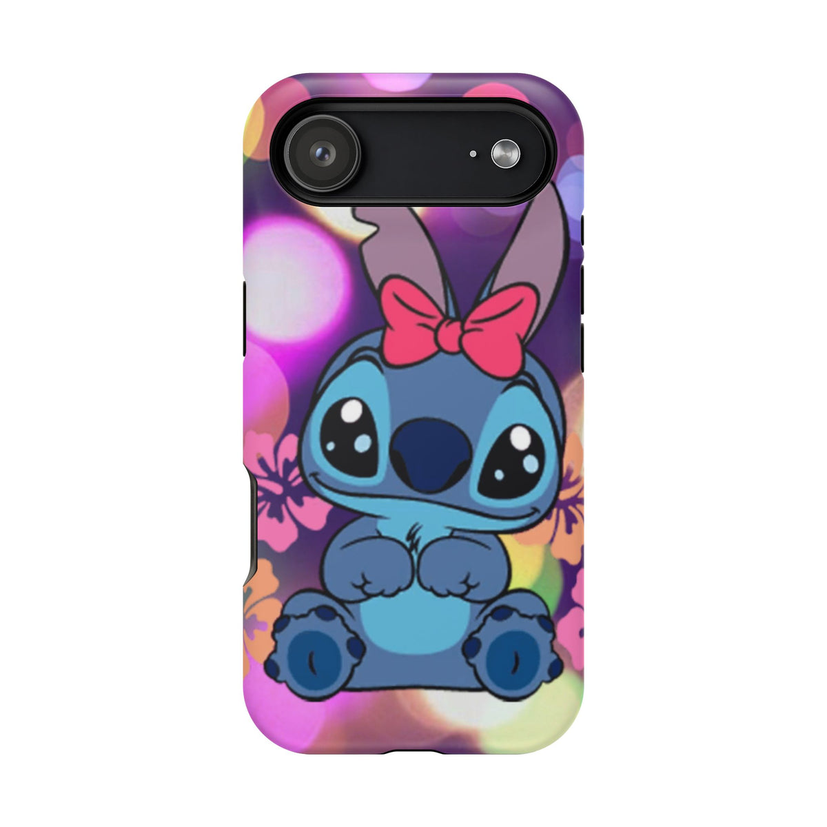 Cute Cartoon Stitch Phone Case - Magnetic Impact-Resistant Cover with Bow & Floral Bokeh Design
