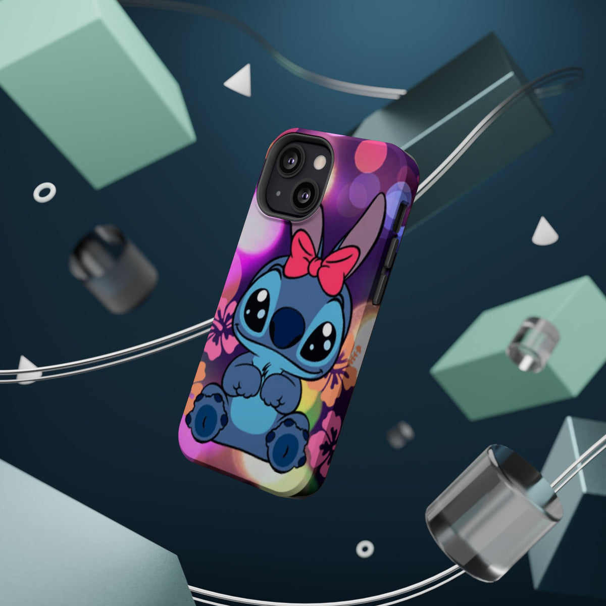 Cute Cartoon Stitch Phone Case - Magnetic Impact-Resistant Cover with Bow & Floral Bokeh Design
