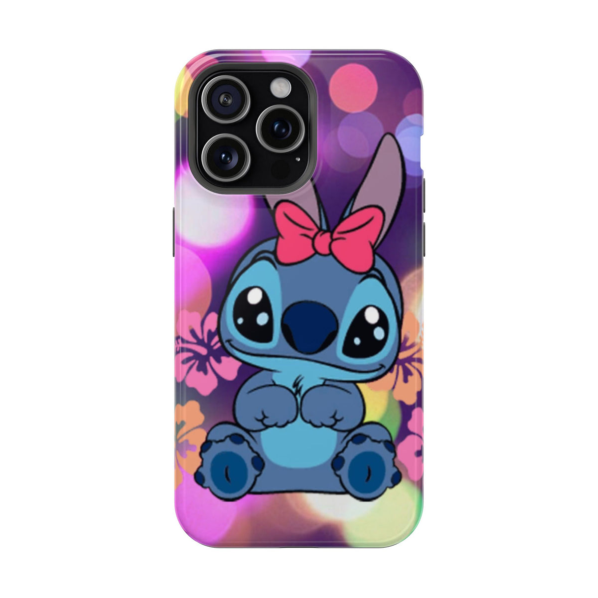 Cute Cartoon Stitch Phone Case - Magnetic Impact-Resistant Cover with Bow & Floral Bokeh Design