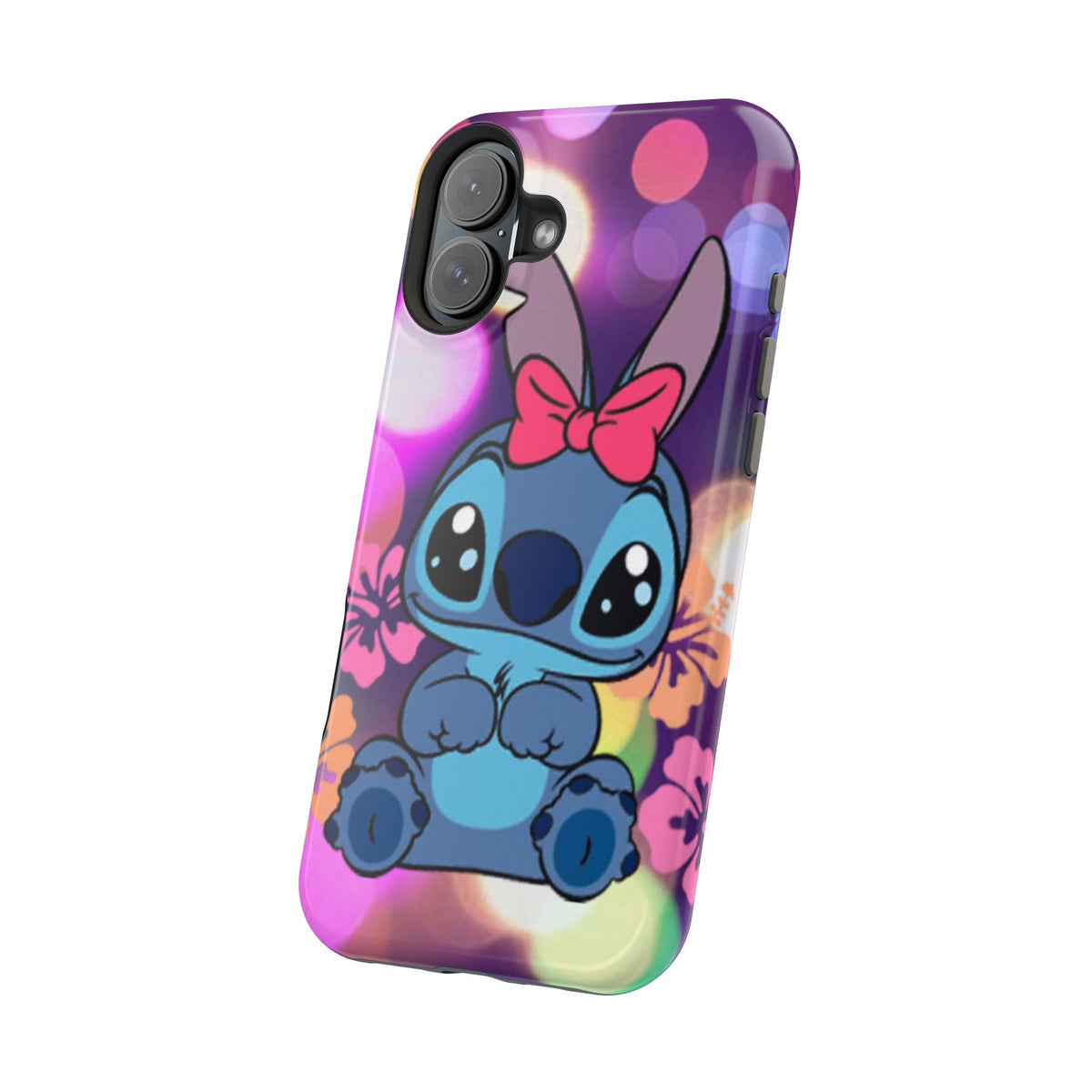 Cute Cartoon Stitch Phone Case - Magnetic Impact-Resistant Cover with Bow & Floral Bokeh Design