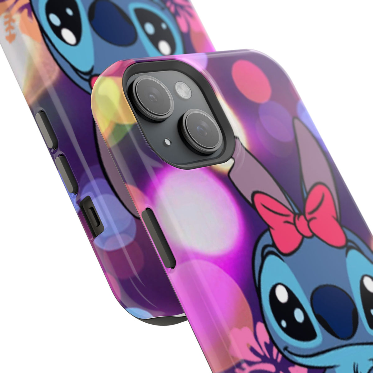 Cute Cartoon Stitch Phone Case - Magnetic Impact-Resistant Cover with Bow & Floral Bokeh Design