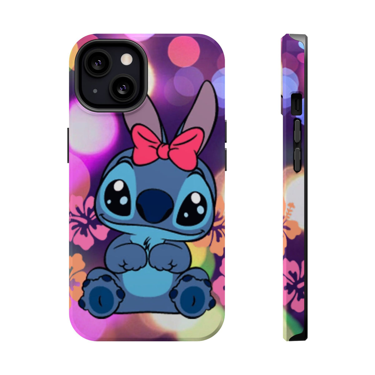 Cute Cartoon Stitch Phone Case - Magnetic Impact-Resistant Cover with Bow & Floral Bokeh Design