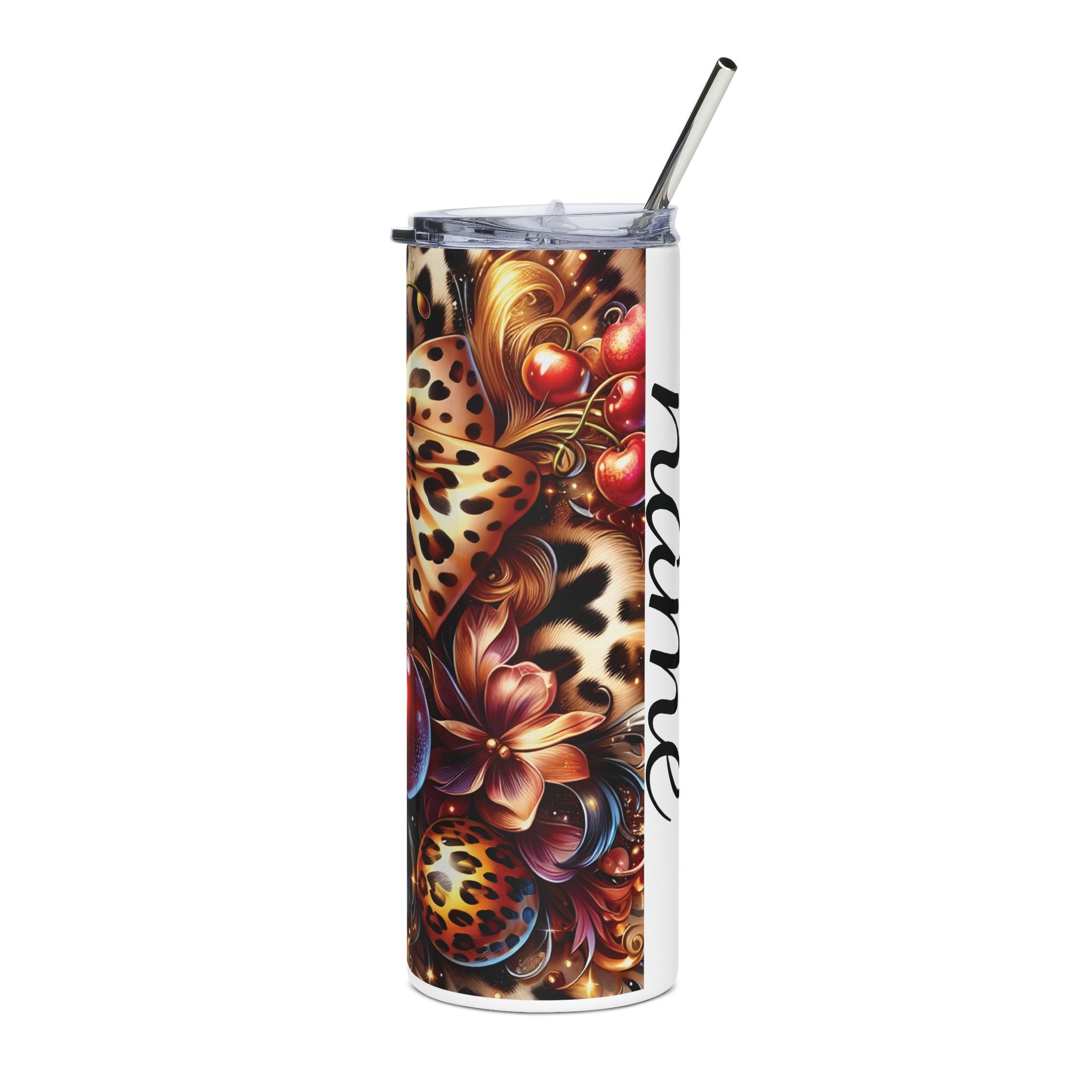 Cherry & Leopard Bow Tumbler | 20oz Personalized Stainless Steel Cup
