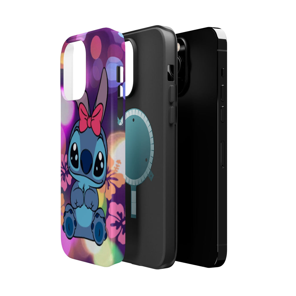 Cute Cartoon Stitch Phone Case - Magnetic Impact-Resistant Cover with Bow & Floral Bokeh Design