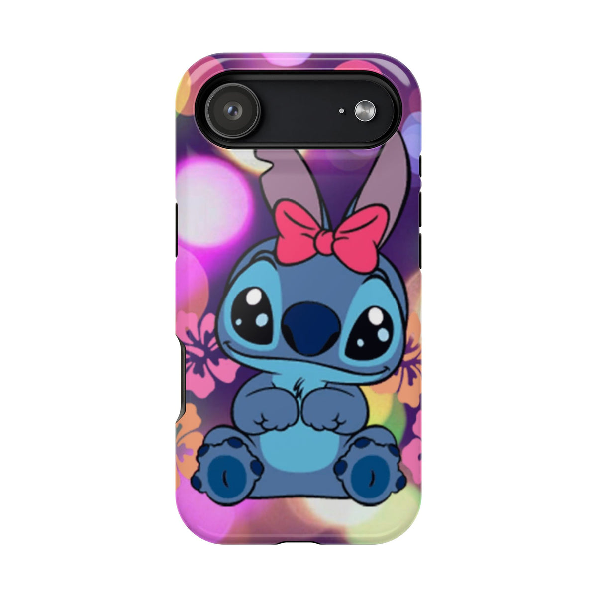 Cute Cartoon Stitch Phone Case - Magnetic Impact-Resistant Cover with Bow & Floral Bokeh Design