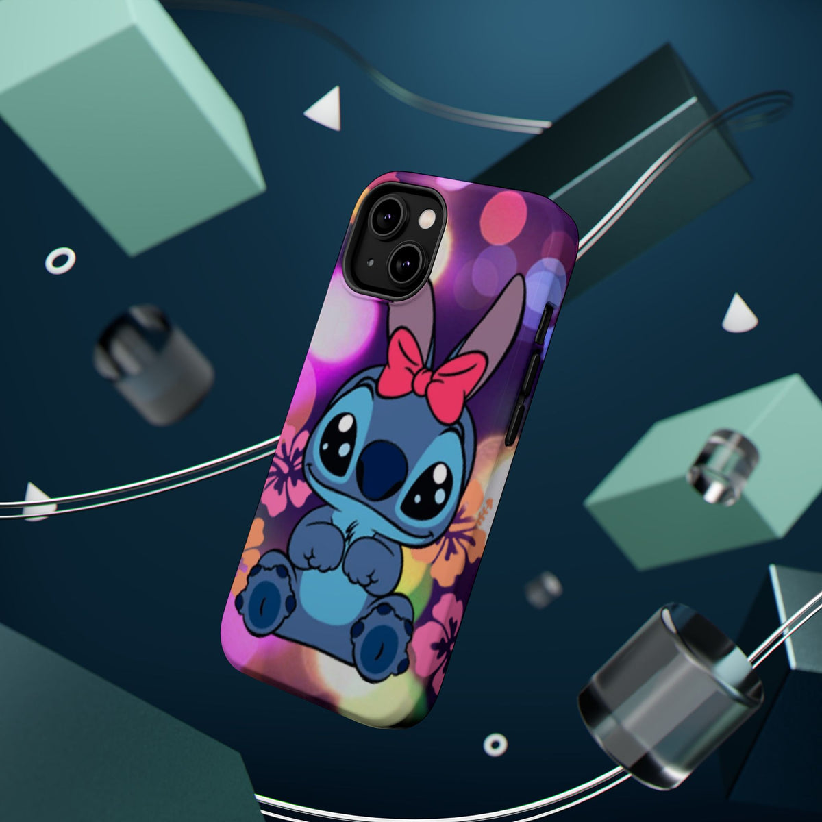 Cute Cartoon Stitch Phone Case - Magnetic Impact-Resistant Cover with Bow & Floral Bokeh Design