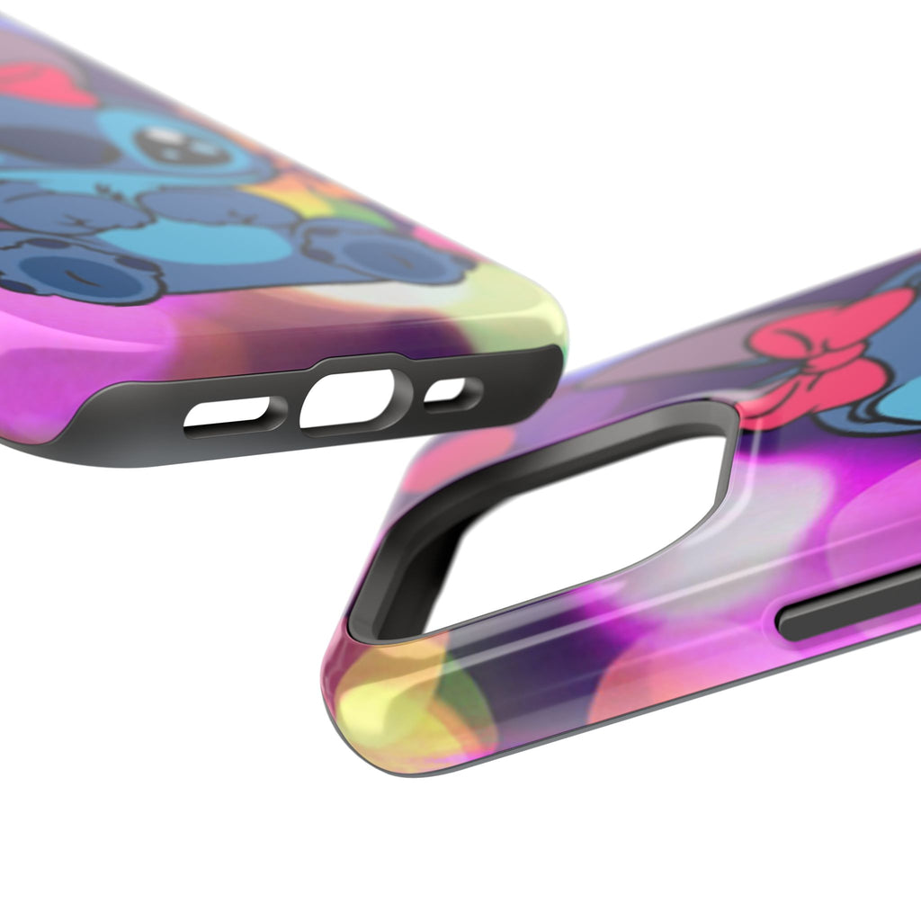 Cute Cartoon Stitch Phone Case - Magnetic Impact-Resistant Cover with Bow & Floral Bokeh Design