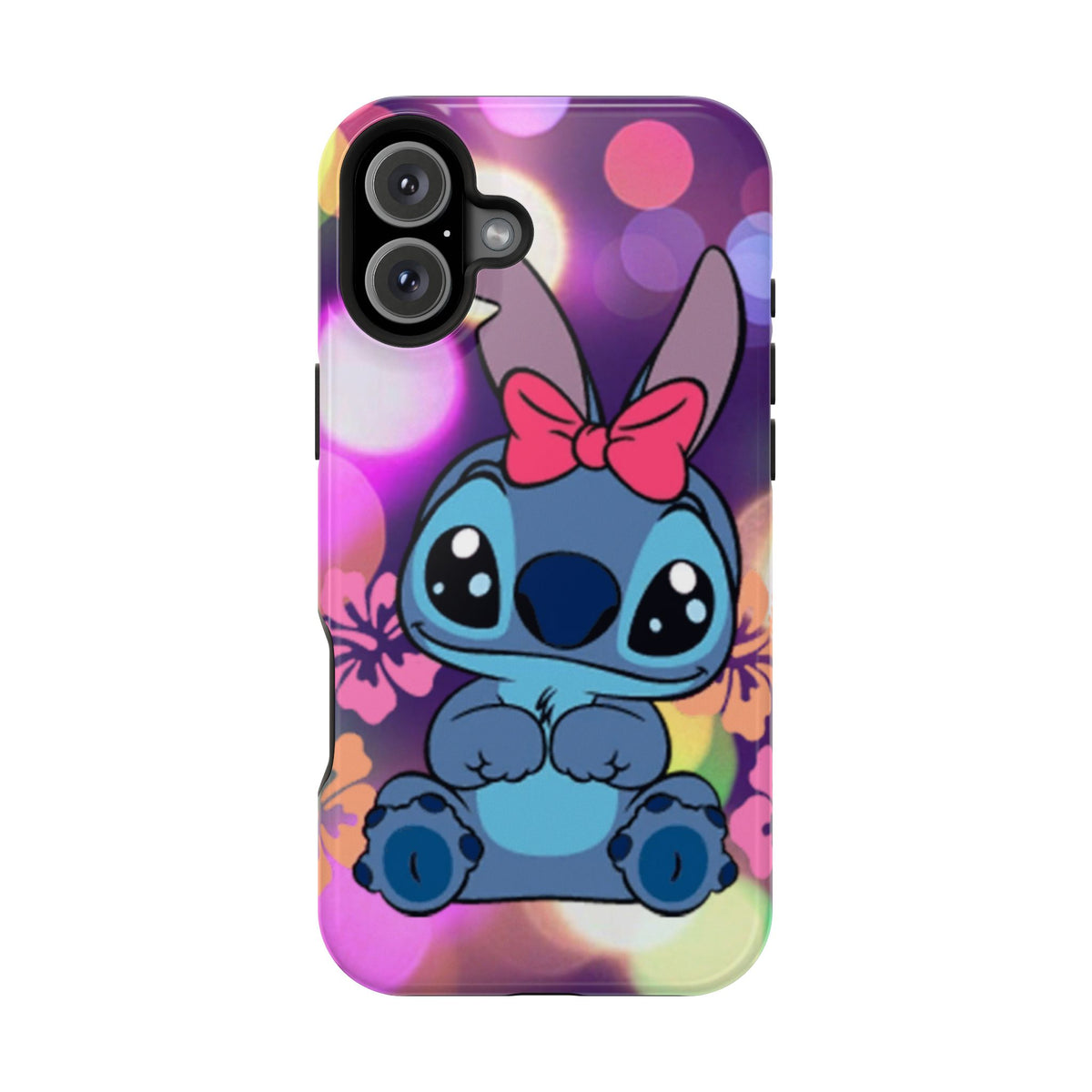 Cute Cartoon Stitch Phone Case - Magnetic Impact-Resistant Cover with Bow & Floral Bokeh Design