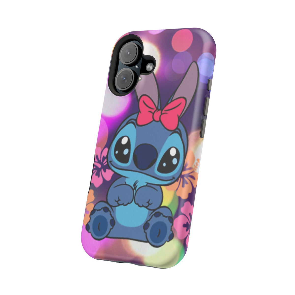 Cute Cartoon Stitch Phone Case - Magnetic Impact-Resistant Cover with Bow & Floral Bokeh Design