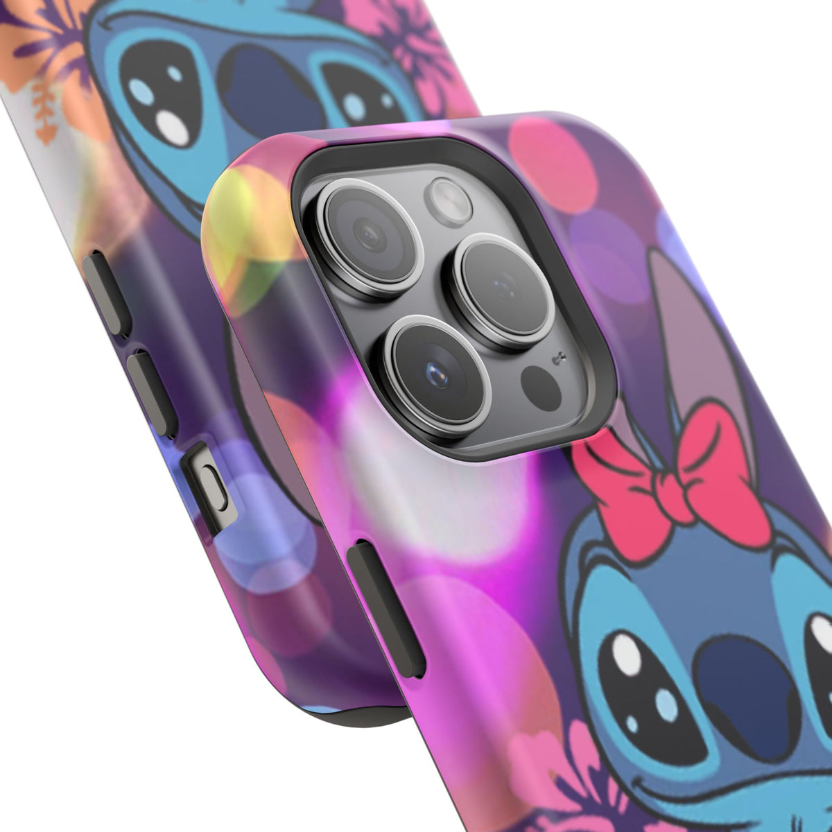 Cute Cartoon Stitch Phone Case - Magnetic Impact-Resistant Cover with Bow & Floral Bokeh Design