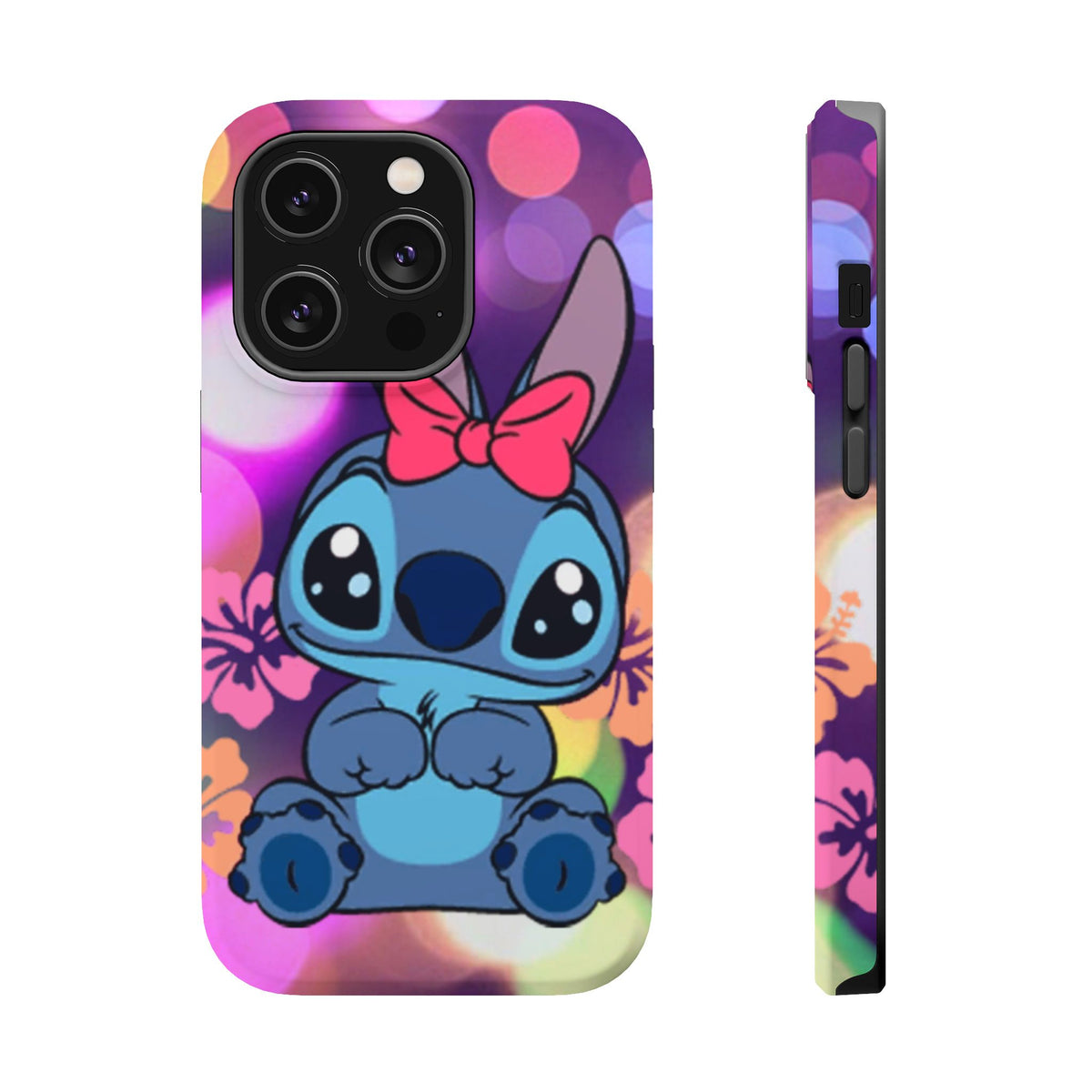 Cute Cartoon Stitch Phone Case - Magnetic Impact-Resistant Cover with Bow & Floral Bokeh Design