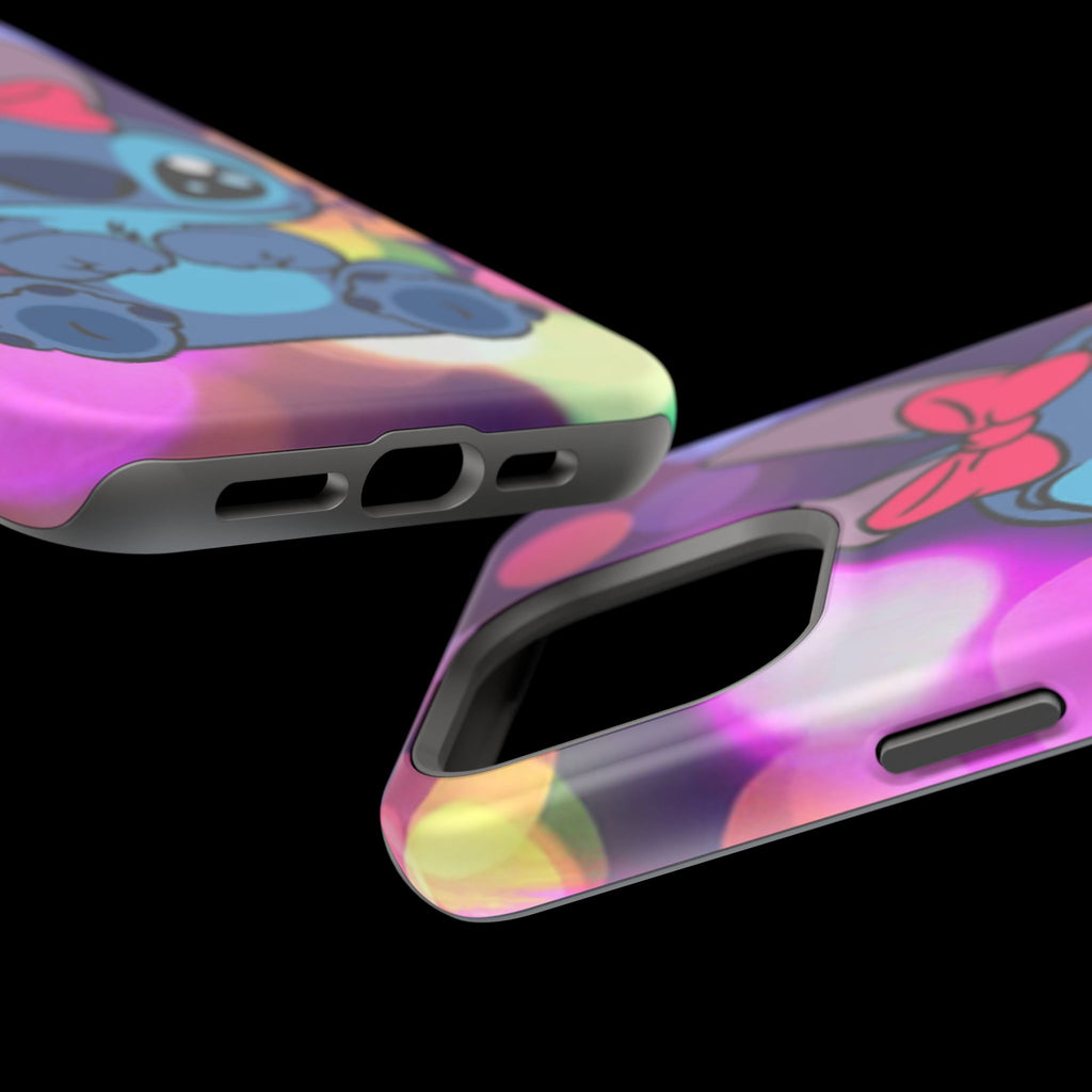 Cute Cartoon Stitch Phone Case - Magnetic Impact-Resistant Cover with Bow & Floral Bokeh Design