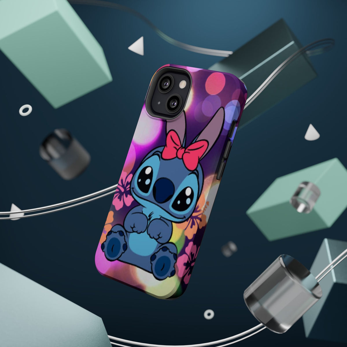 Cute Cartoon Stitch Phone Case - Magnetic Impact-Resistant Cover with Bow & Floral Bokeh Design