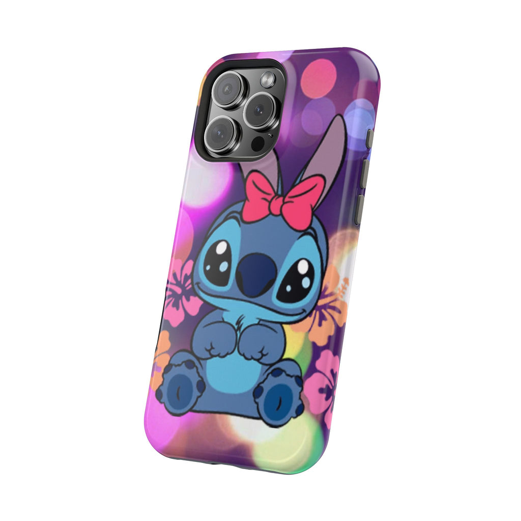 Cute Cartoon Stitch Phone Case - Magnetic Impact-Resistant Cover with Bow & Floral Bokeh Design