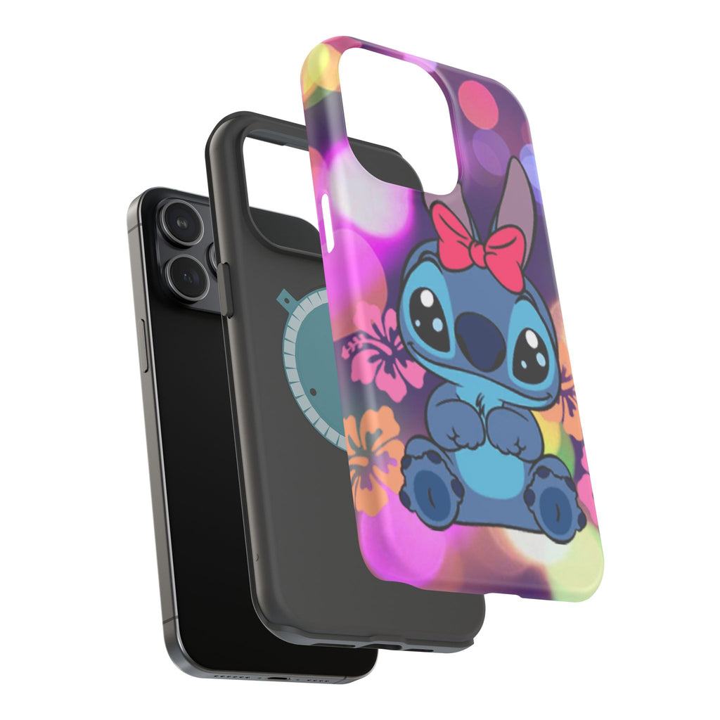 Cute Cartoon Stitch Phone Case - Magnetic Impact-Resistant Cover with Bow & Floral Bokeh Design