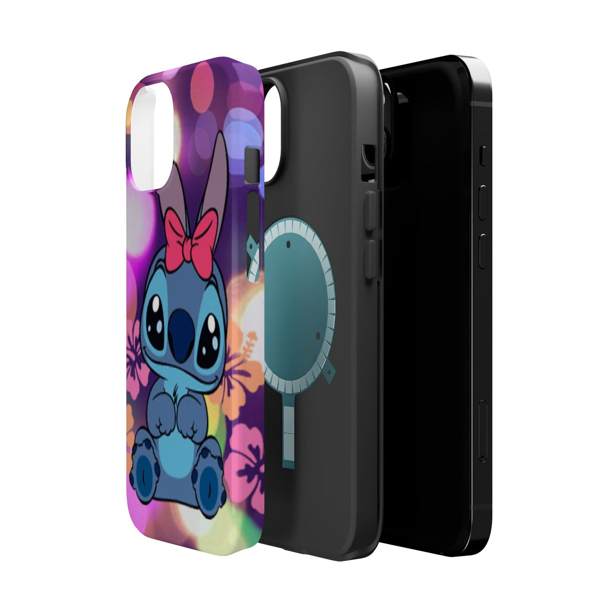 Cute Cartoon Stitch Phone Case - Magnetic Impact-Resistant Cover with Bow & Floral Bokeh Design