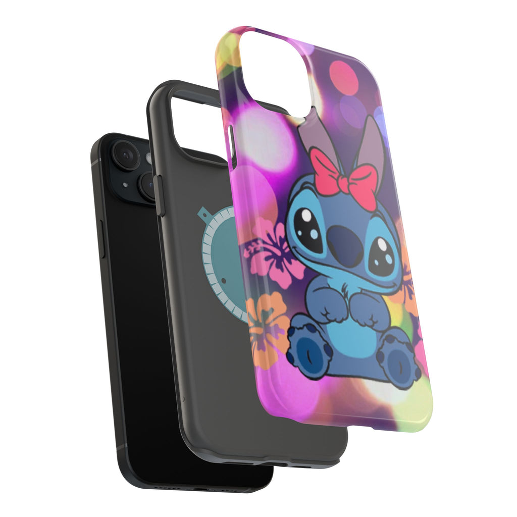 Cute Cartoon Stitch Phone Case - Magnetic Impact-Resistant Cover with Bow & Floral Bokeh Design