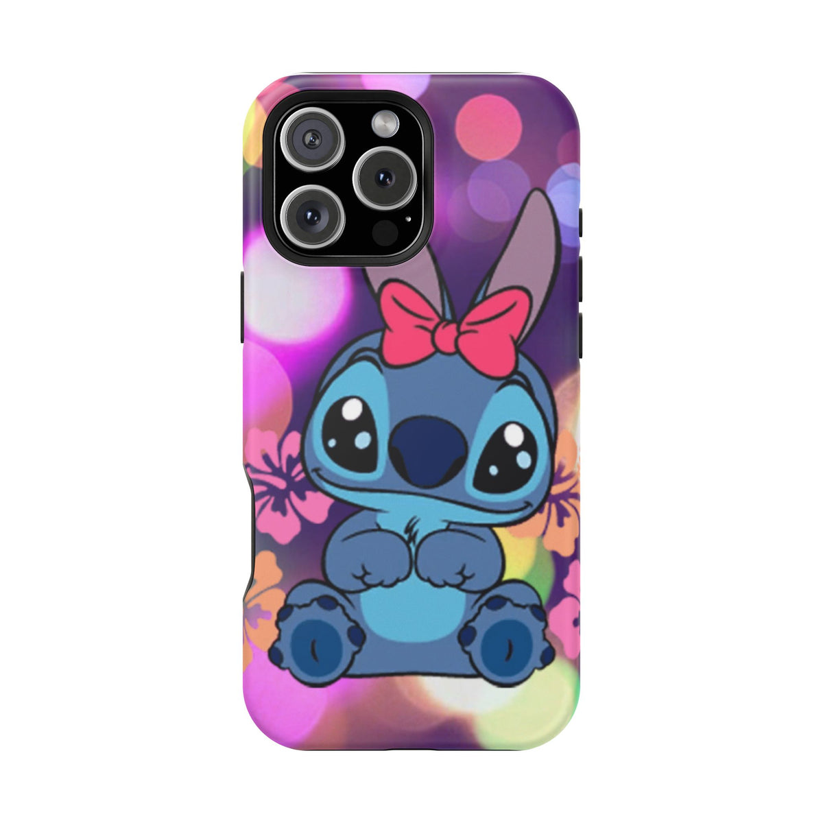 Cute Cartoon Stitch Phone Case - Magnetic Impact-Resistant Cover with Bow & Floral Bokeh Design