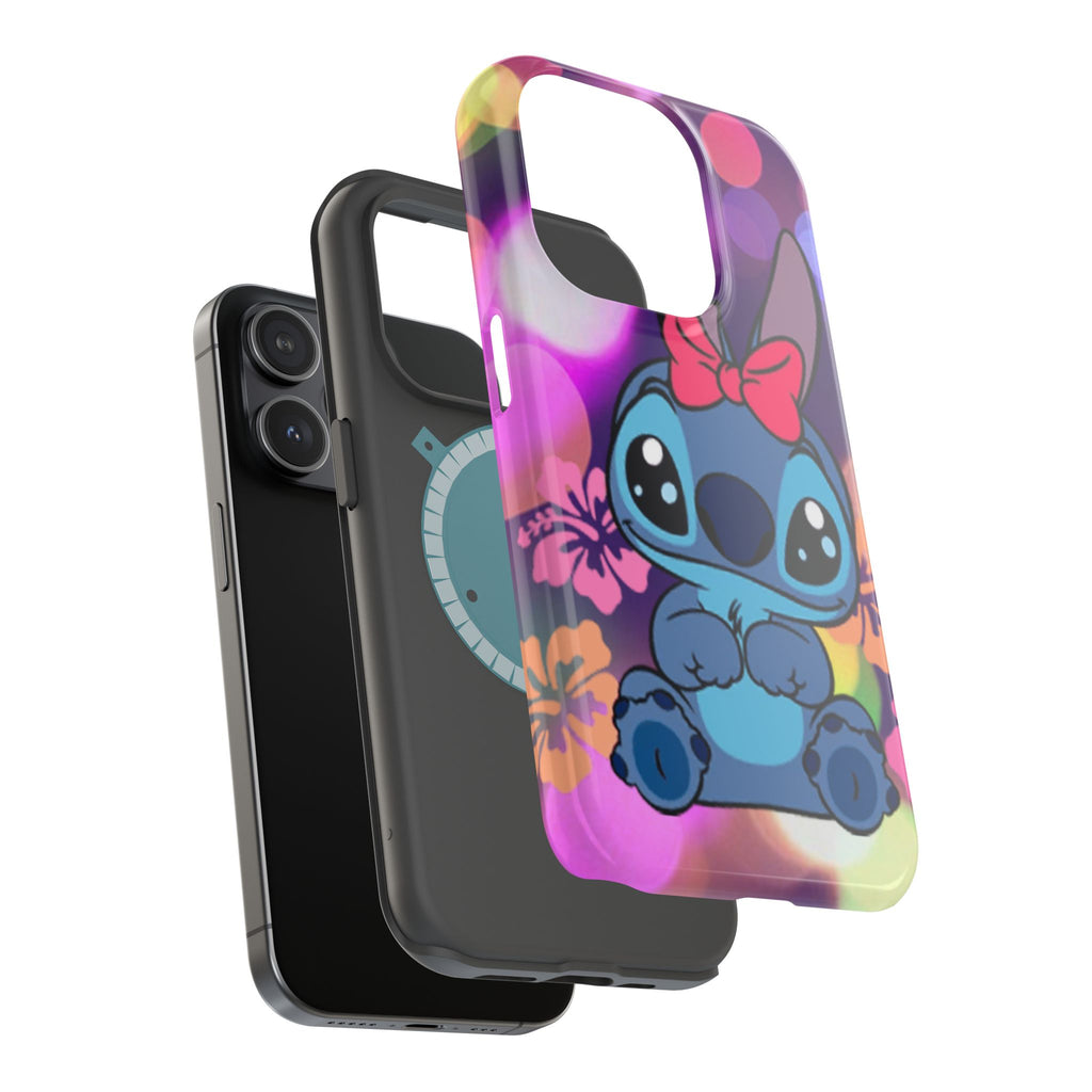Cute Cartoon Stitch Phone Case - Magnetic Impact-Resistant Cover with Bow & Floral Bokeh Design